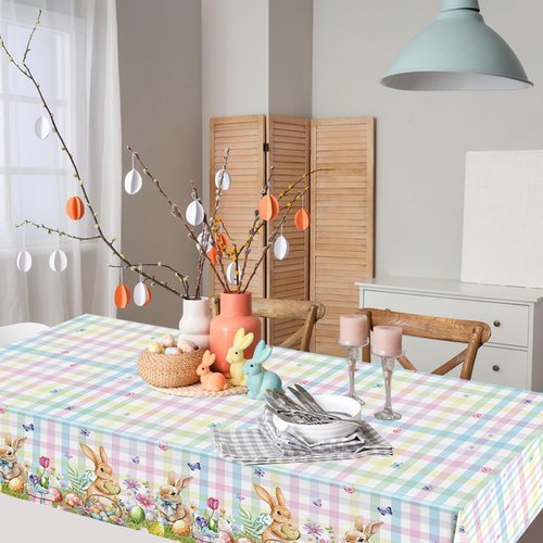 3-Piece 54 x 108 Inch Easter Plaid Plastic Tablecloth – Bunny and Easter Egg Disposable Rectangle Table Covers with Pastel Checkered Design for Easter Party, Spring Celebration and Holiday Decorations