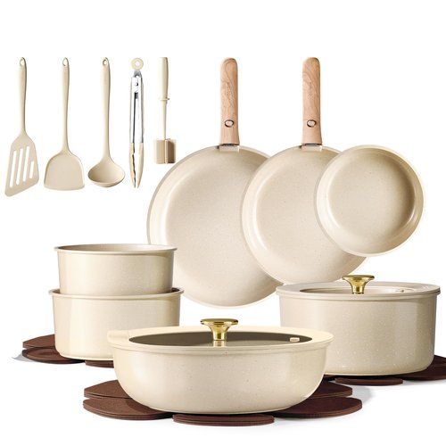 CAROTE 22PCS Pots and Pans set Non Stick, Ceramic Cookware Set, RV Kitchen Cooking Set Removable Handles, Oven Safe, Induction Coolware, Non-toxic Kitchen Cooking Set, PFAS and PFOA Free