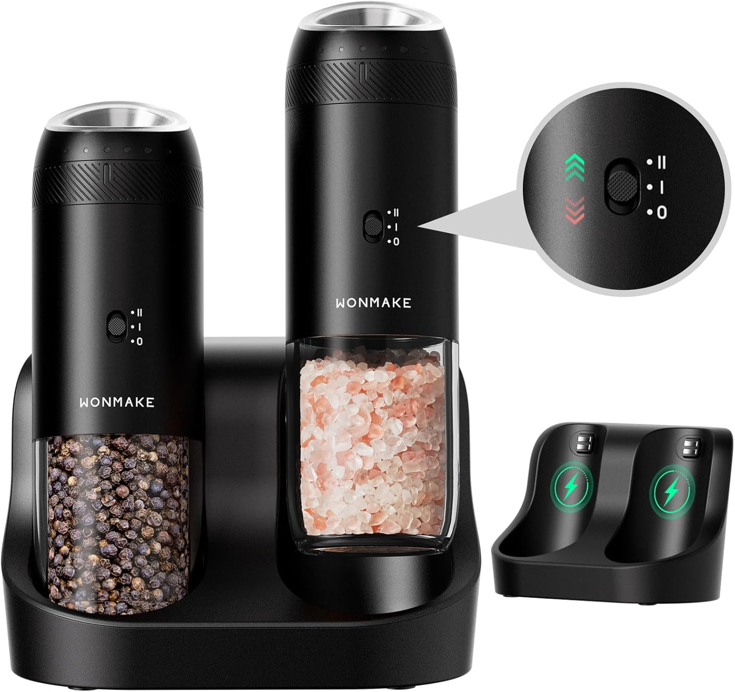 WONMAKE Electric Salt and Pepper Grinder Set - Automatic Mill with 6-Level Coarseness, Dual Speed & 5.95oz Capacity