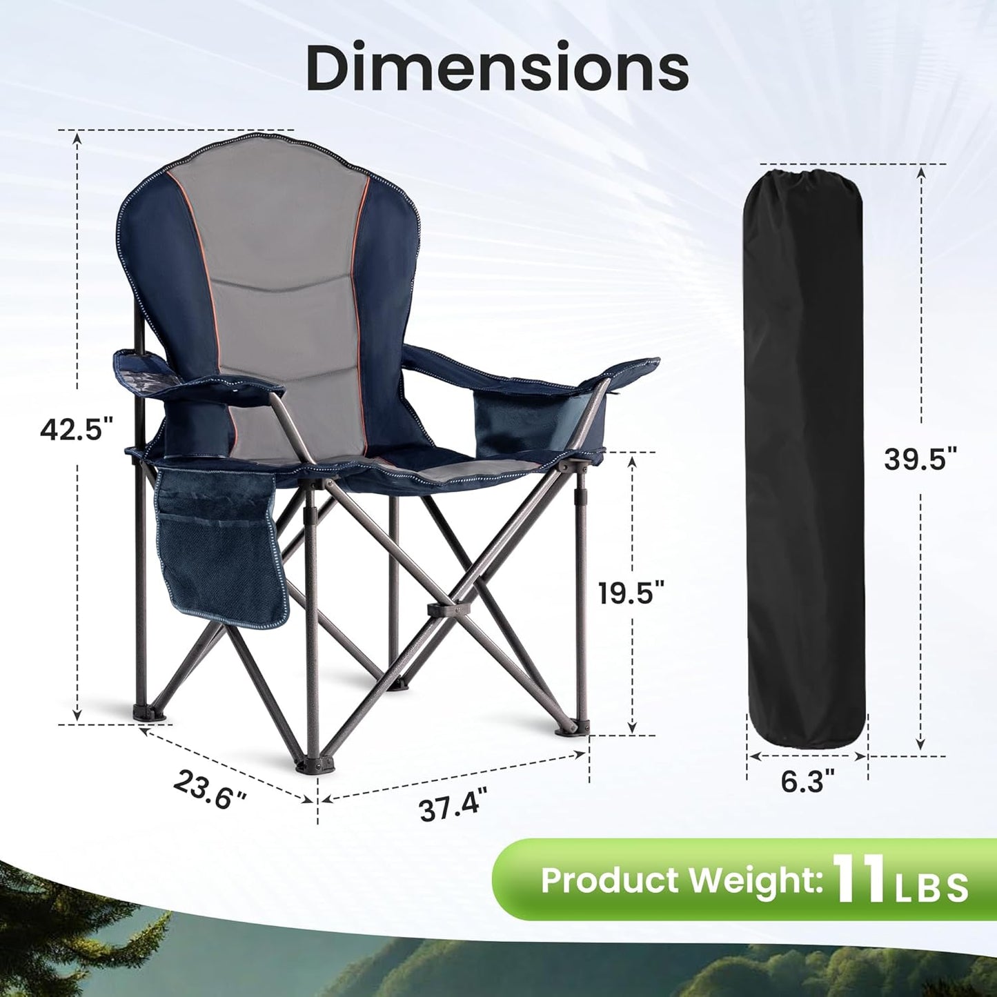 Skiennix Oversized Camping Chair - Heavy Duty Portable Folding Design with Cup Holder & Waterproof Phone Case | Blue & Gray, XL