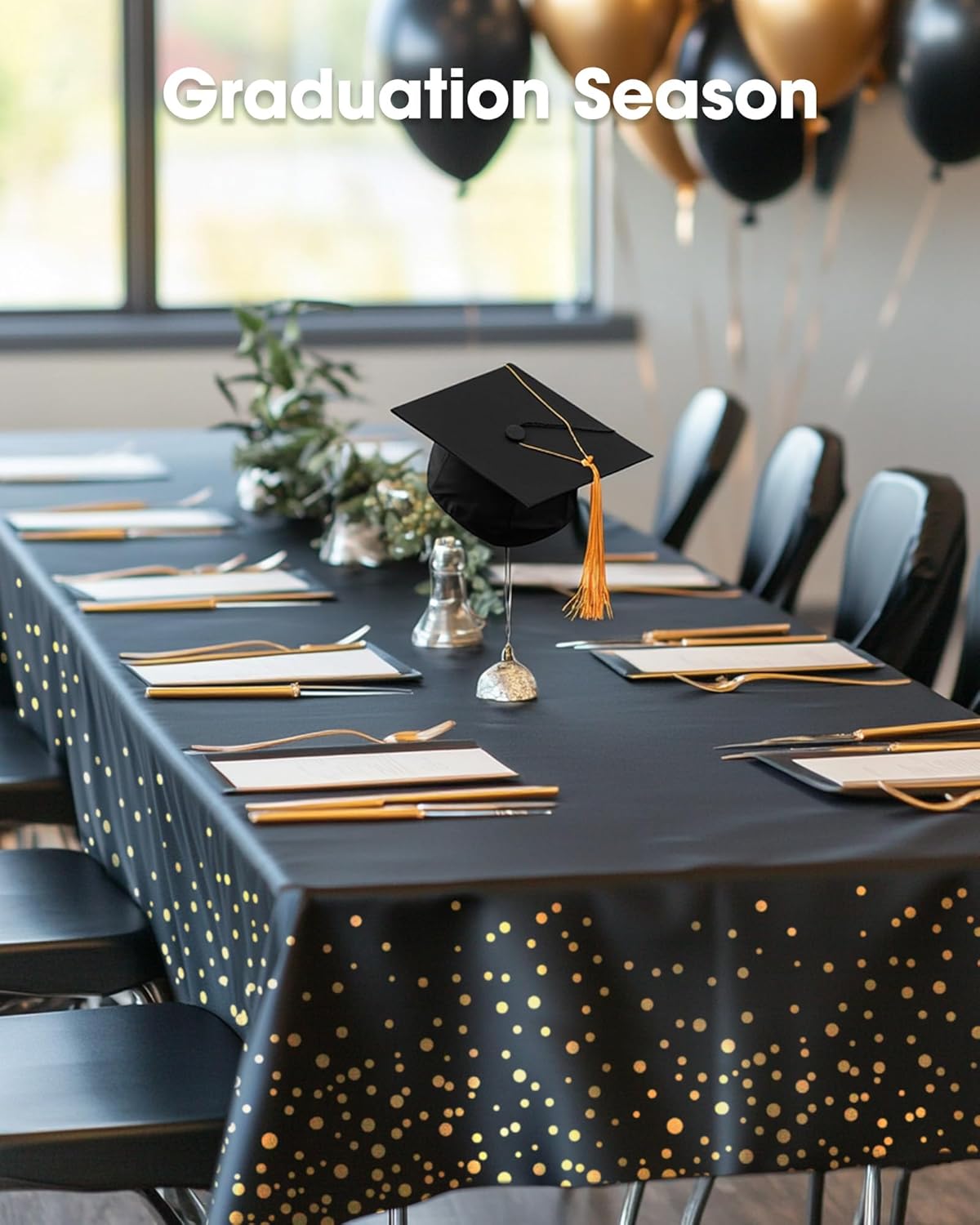 Pureegg Disposable Plastic Tablecloths - 10 Pack, 54 x 108 Inch, Leakproof & Sturdy for Graduation Decor | Black & Gold