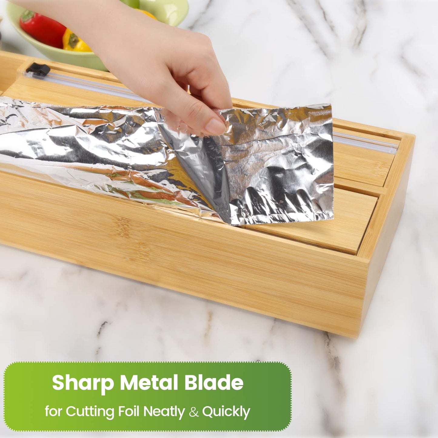 Soligt 2 in 1 Foil and Plastic Wrap Organizer | Aluminum Foil Dispenser with Serrated Edge | Plastic Wrap Dispenser with Cutter | Bamboo Kitchen Drawer Organizer Fit Parchment, Wax Paper