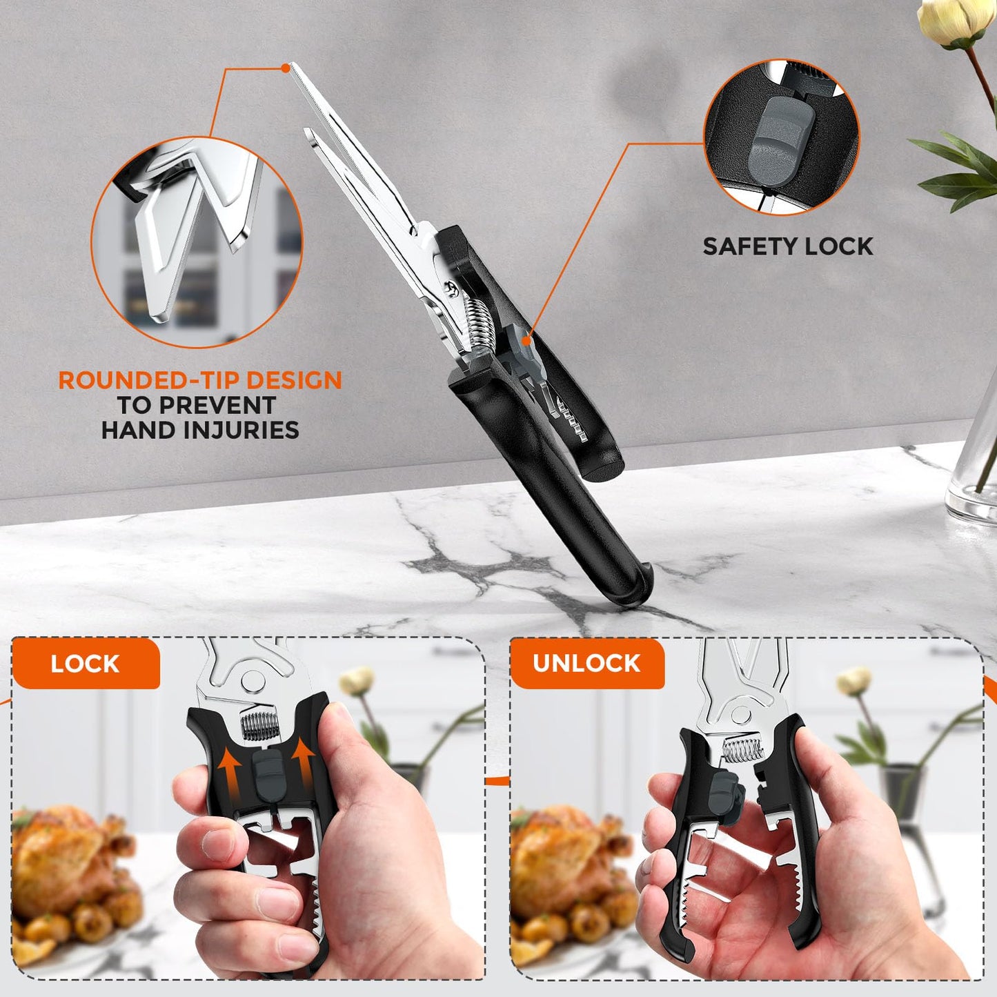 Multifunctional Kitchen Scissors - Kitchen Shears with Magnetic Holder & Safety Lock, Heavy Duty Poultry Shears, Stainless Steel for Chicken Meat Cutting Turkey, Vegetables