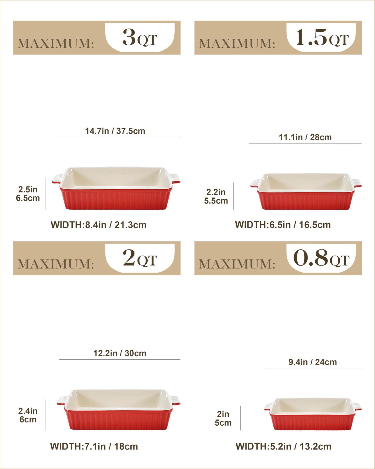 Bakeware Set of 4, MALACASA Porcelain Baking Pans Set for Oven, Casserole Dish, Ceramic Rectangular Baking Dish Lasagna Pans for Cooking Cake Pie Dinner Kitchen, Red (9.5"/11.25"/12.75"/14.5")