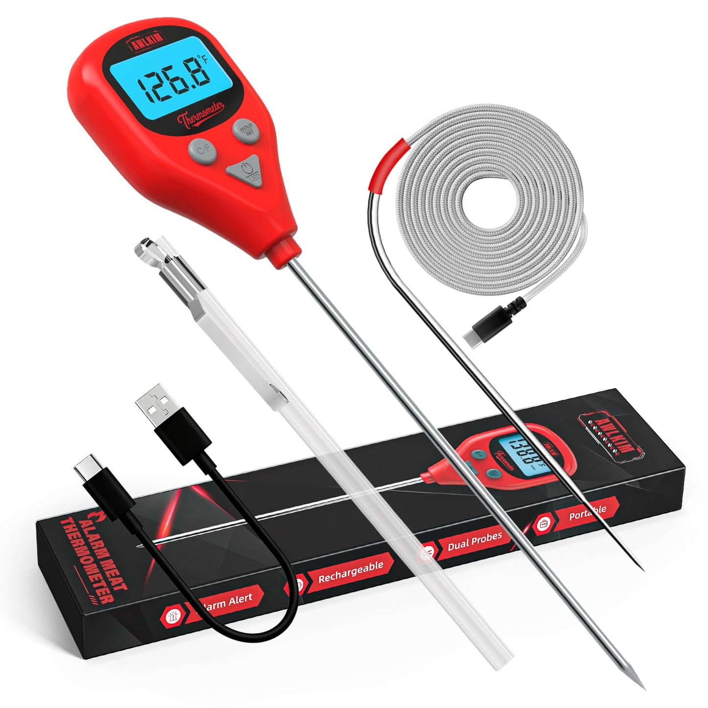 AWLKIM Digital Meat Thermometer with 40-Inch Leave-in External Probe, Rechargeable Instant Read Food Thermometer for Grill BBQ Smoker Oven Kitchen, IP67 Waterproof, Audible Alarm & Hold Function