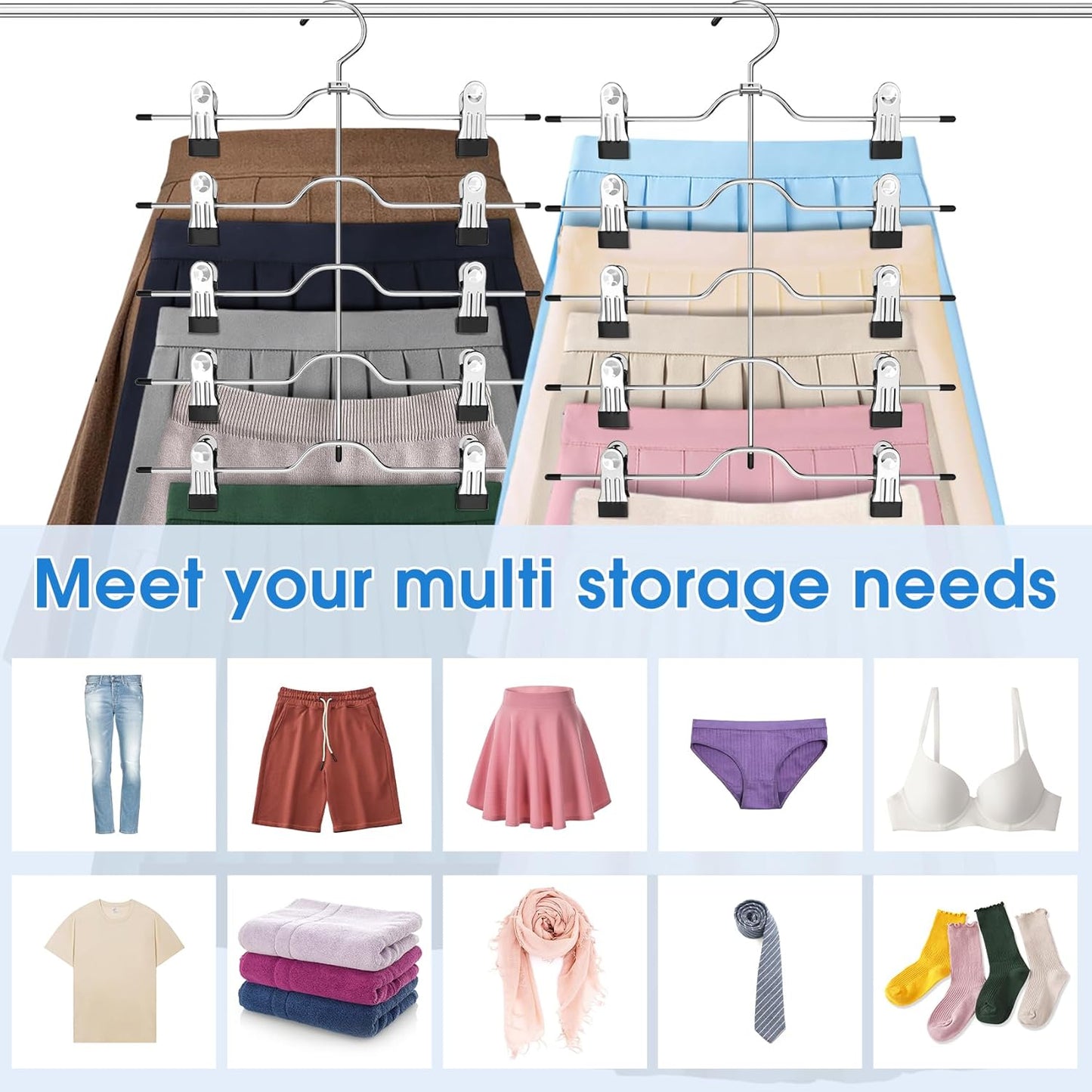Skiennix Pants Skirt Hangers - Space-Saving Closet Organizer with Clips | 2-Pack Set