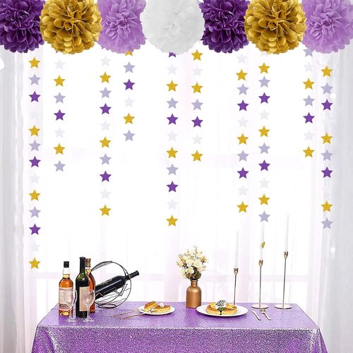 Hugtmr Star Garland - 62ft Purple Lavender & White Gold Party Decorations | Perfect for Birthdays, Weddings, & Showers