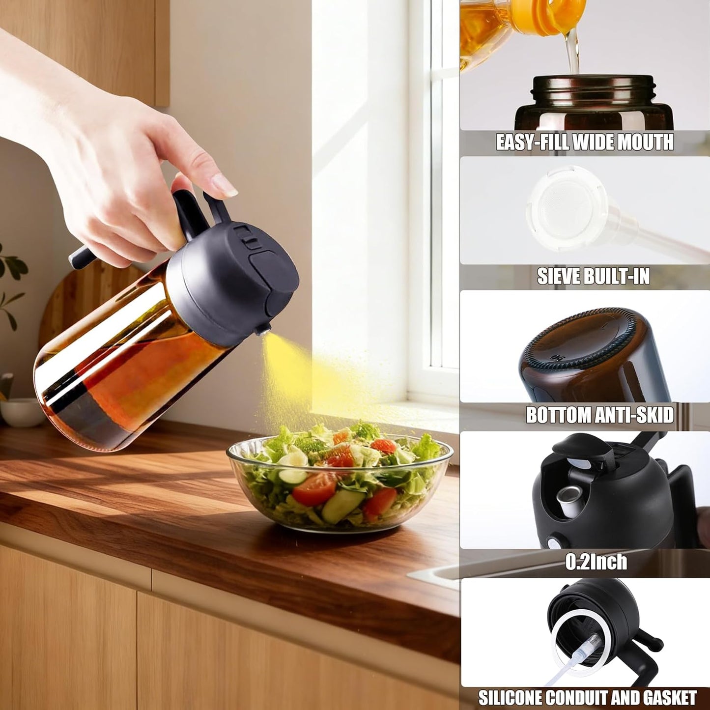 OURCABECUE Olive Oil Sprayer - 2 in 1 Cooking Dispenser Bottle, 16oz Food-Grade Glass with Stickers