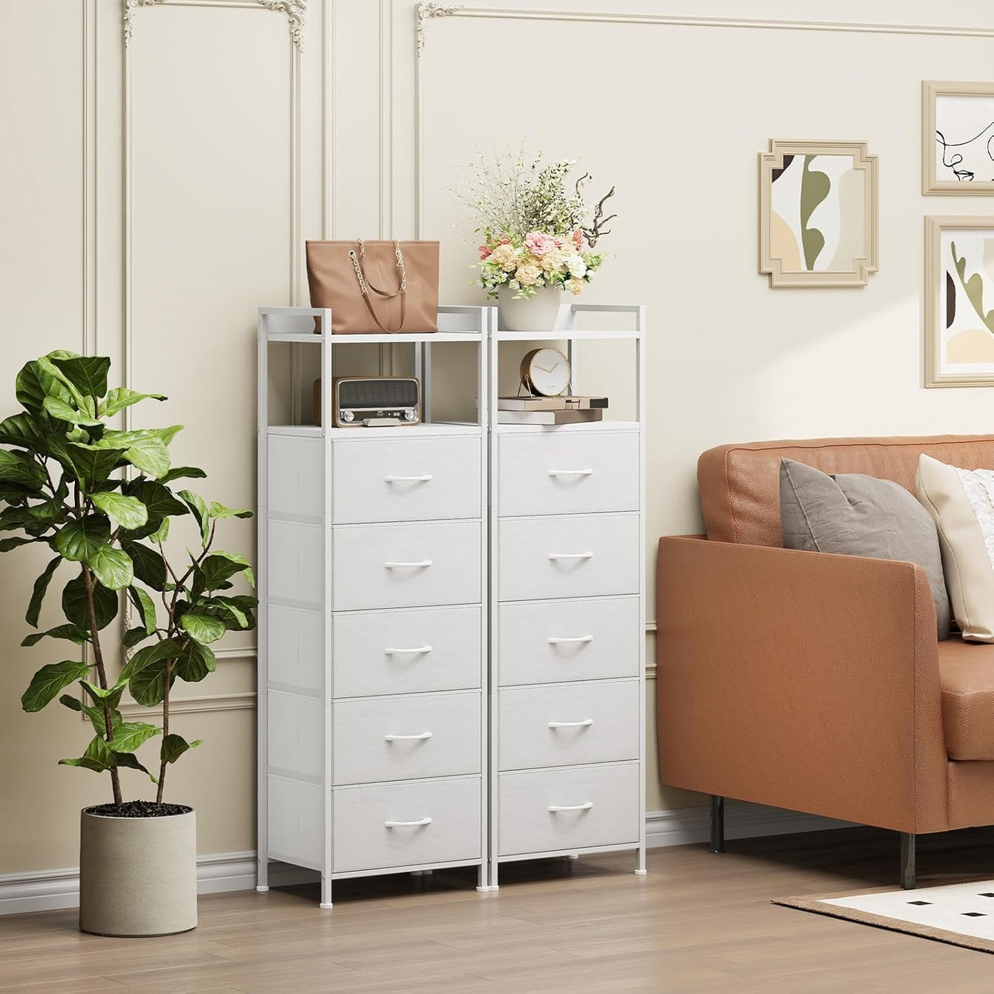 Somdot Tall Dresser - 5-Drawer Vertical Storage Tower Unit for Bedroom | White Leather Finish