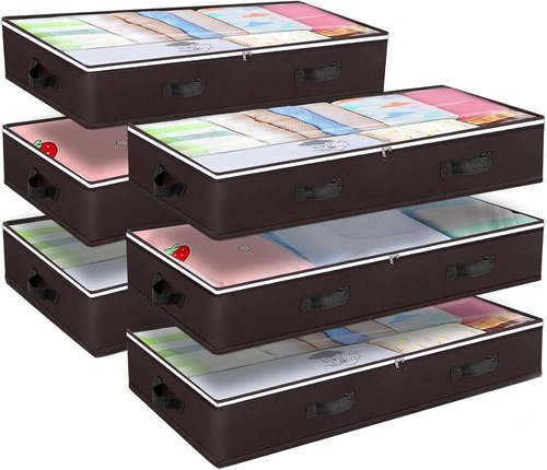 Budding Joy 6-Pack 90L Underbed Storage Containers - Large Capacity Foldable Bins with Clear Window | Brown
