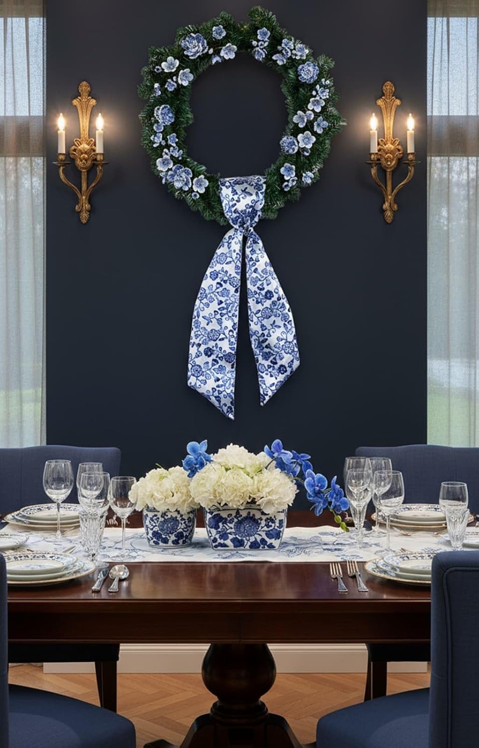Skiennix Wreath Sash - Blue Floral Chinoiserie Decor | 55x5 Inch Ribbon for Indoor/Outdoor Use