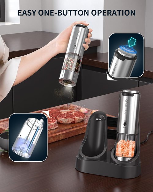 CIRCLE JOY Rechargeable Electric Salt and Pepper Grinder Set - Stainless Steel, Adjustable Coarseness, LED Light