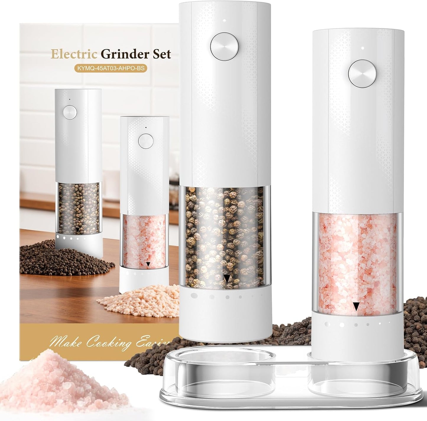 Skiennix Electric Salt and Pepper Grinder Set - Rechargeable Automatic Shakers with Adjustable Coarseness | 2-Pack White