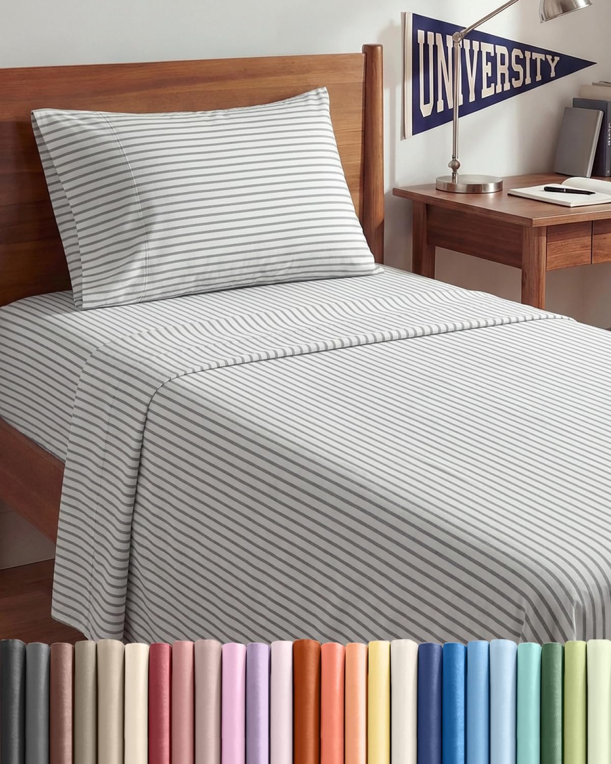 Skiennix Twin XL Sheet Set - Comfy Cooling 3-Piece Bedding - Deep Pocket, Wrinkle-Free, Grey Stripes