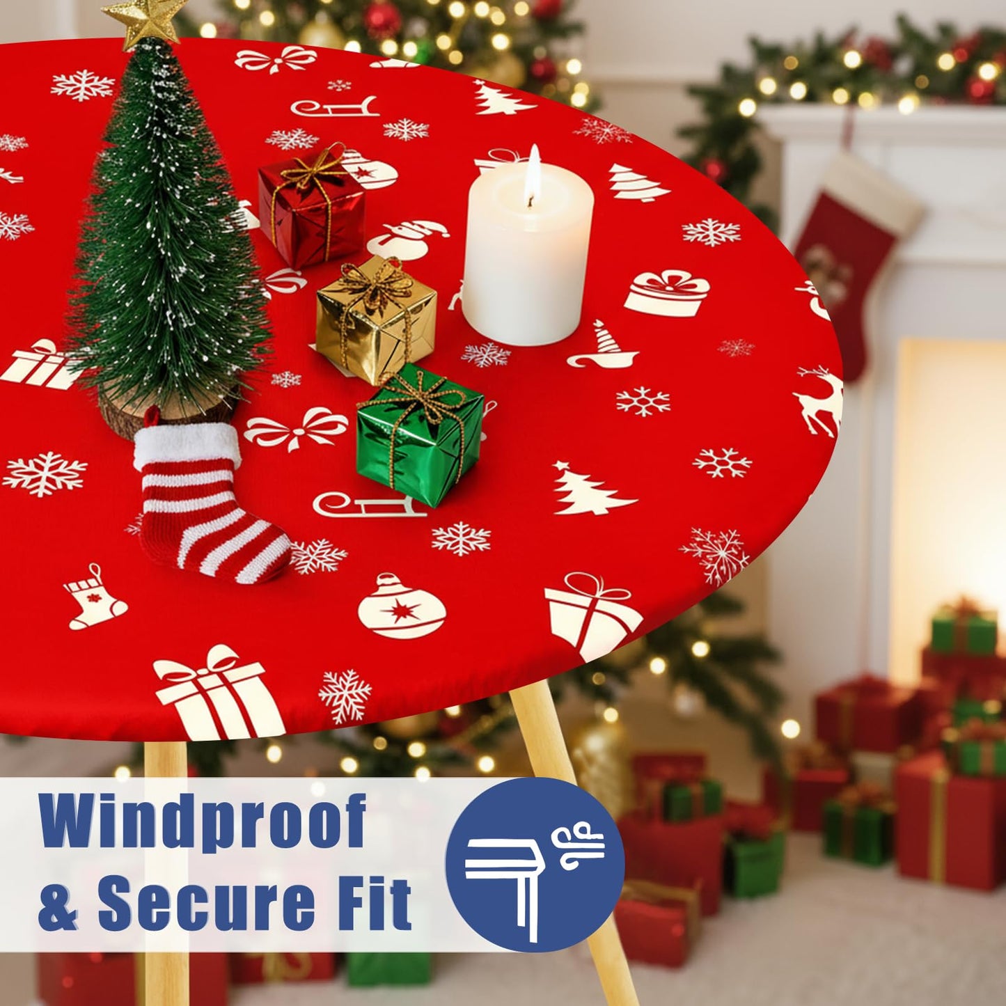 Moosfor Round Spandex Christmas Tablecloth, Elastic Fitted Waterproof Tablecloths for 45"-56" Tables, Stretch Washable Picnic Table Cover for Christmas Dinner, Box Snowflake