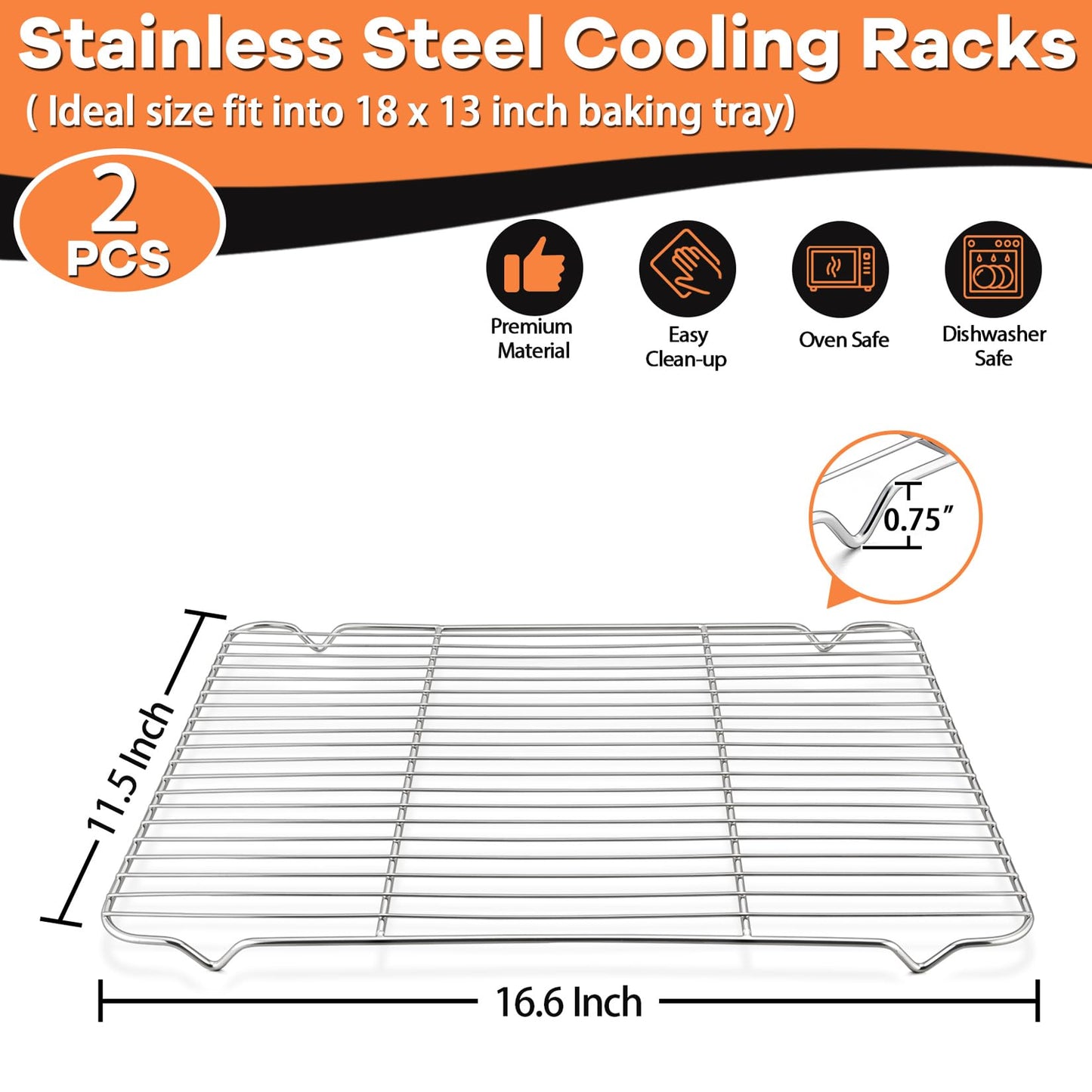 P&P CHEF Cooling Baking Rack Pack of 2, 16.6" x 11.5", Stainless Steel Cooling Racks for Cooking Baking Roasting Grilling Drying, Dense Wires & Smooth Edge, Easy to Clean, Silver