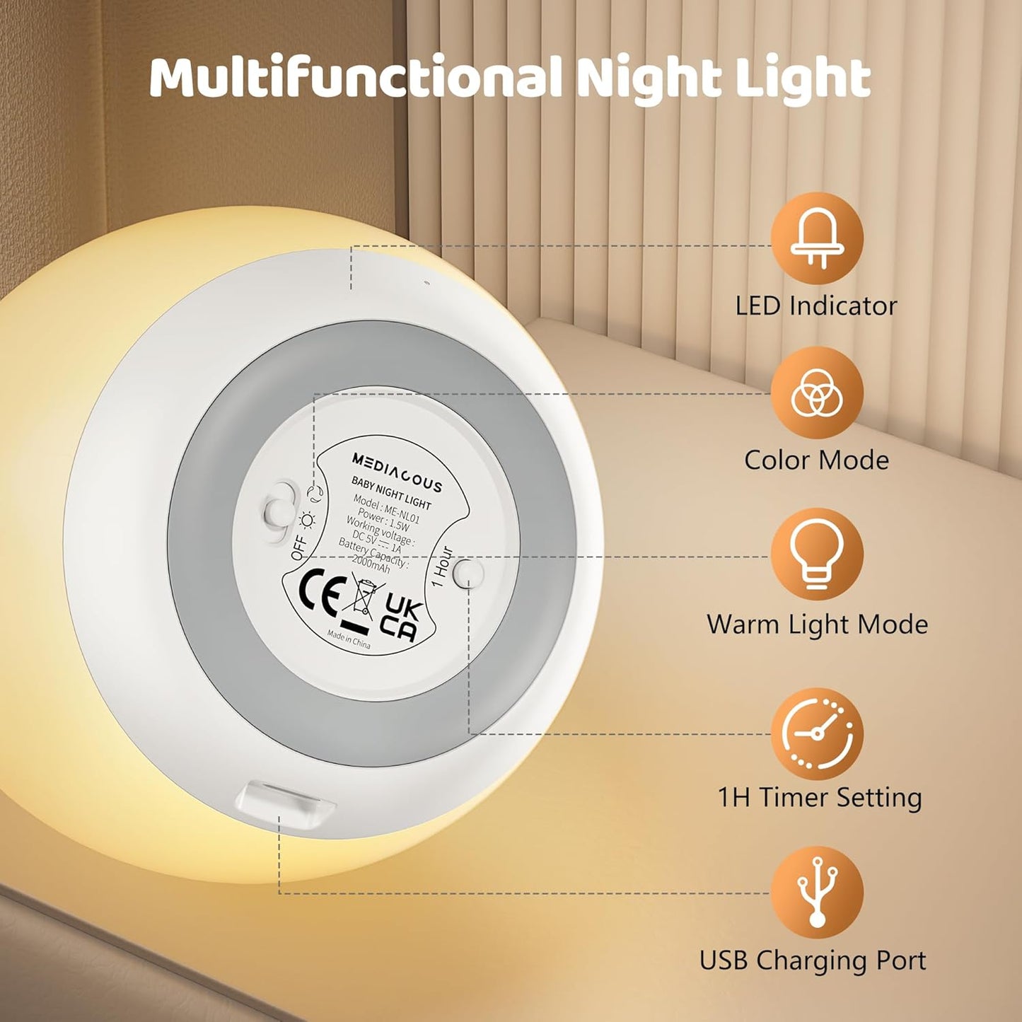 MediAcous Night Light - Soft Silicone Touch Lamp with 7 Color Changing Options | Rechargeable & Dimmable for Nursery
