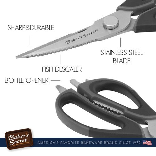 Baker's Secret - All Purpose Kitchen Scissors, 8.5" Stainless Steel with Nut Cracker feature, Bottle Opener, Kitchen Shears, Dishwasher Safe - Black Handle