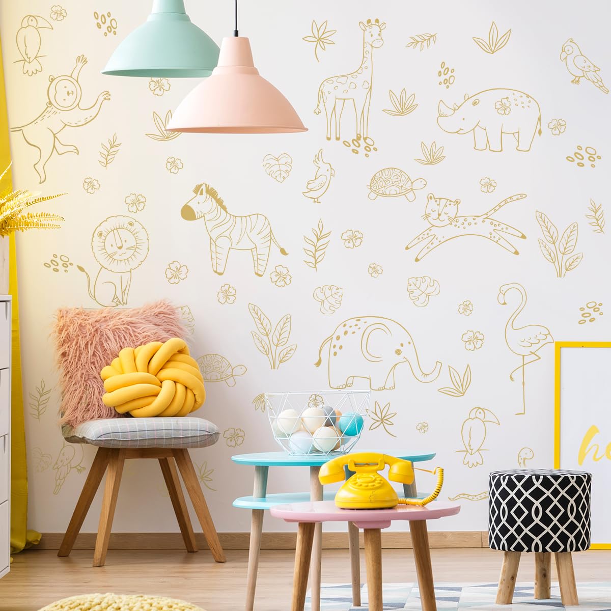 Jungle Animals Wall Decals, Jungle Theme Removable Wall Sticker，Lion Cheetah Toucan Elephant Giraffe，Nursery Decor Playroom Bedroom Classroom Wall Decoration.