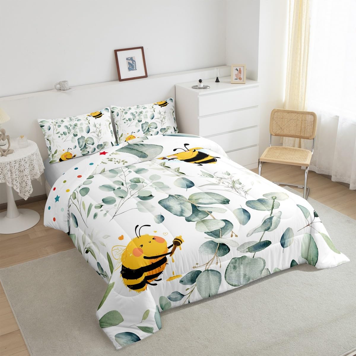 Erosebridal Boys Cartoon Wildlife Twin Size Comforter Set for Kids Toddler Kawaii Bee Bedding Set, Honey Bee Down Comforter Wild Animal Bed Set, Botanical Green Eucalyptus Quilted Duvet