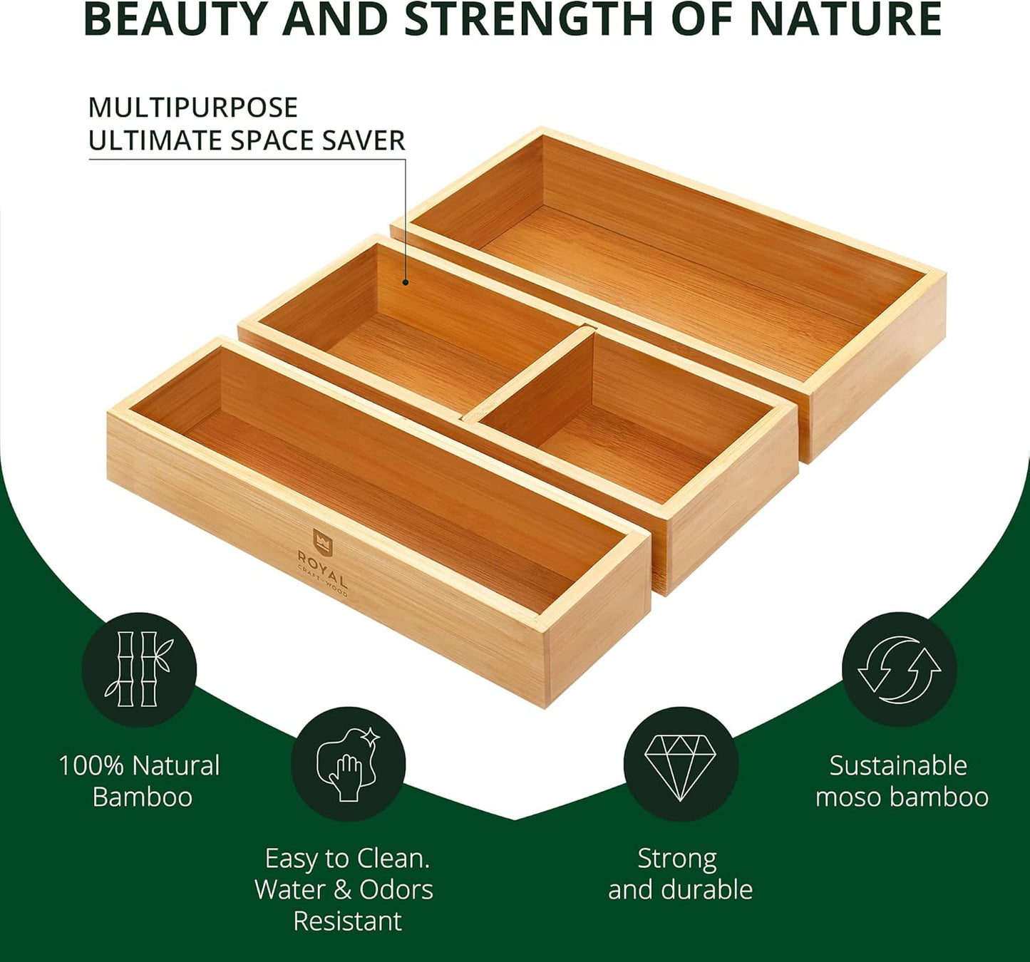 Royal Craft Wood Luxury Bamboo Drawer Organizer Set - Multi-Use Storage for Kitchen, Bathroom, Office (3 Boxes)