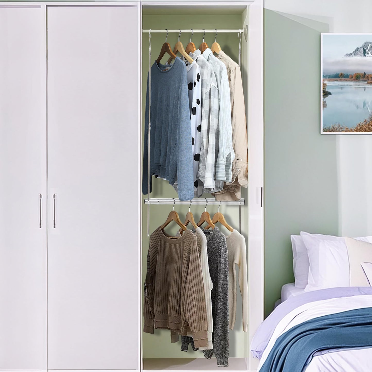 STORAGE MANIAC Hanging Closet Rod, Adjustable Width and Height Closet Hanging Organizer, Space-Saving Clothes Hanging Bar, Closet Extender Hanging Rod Double Closet Hanging Rod, 2 Pack Chrome