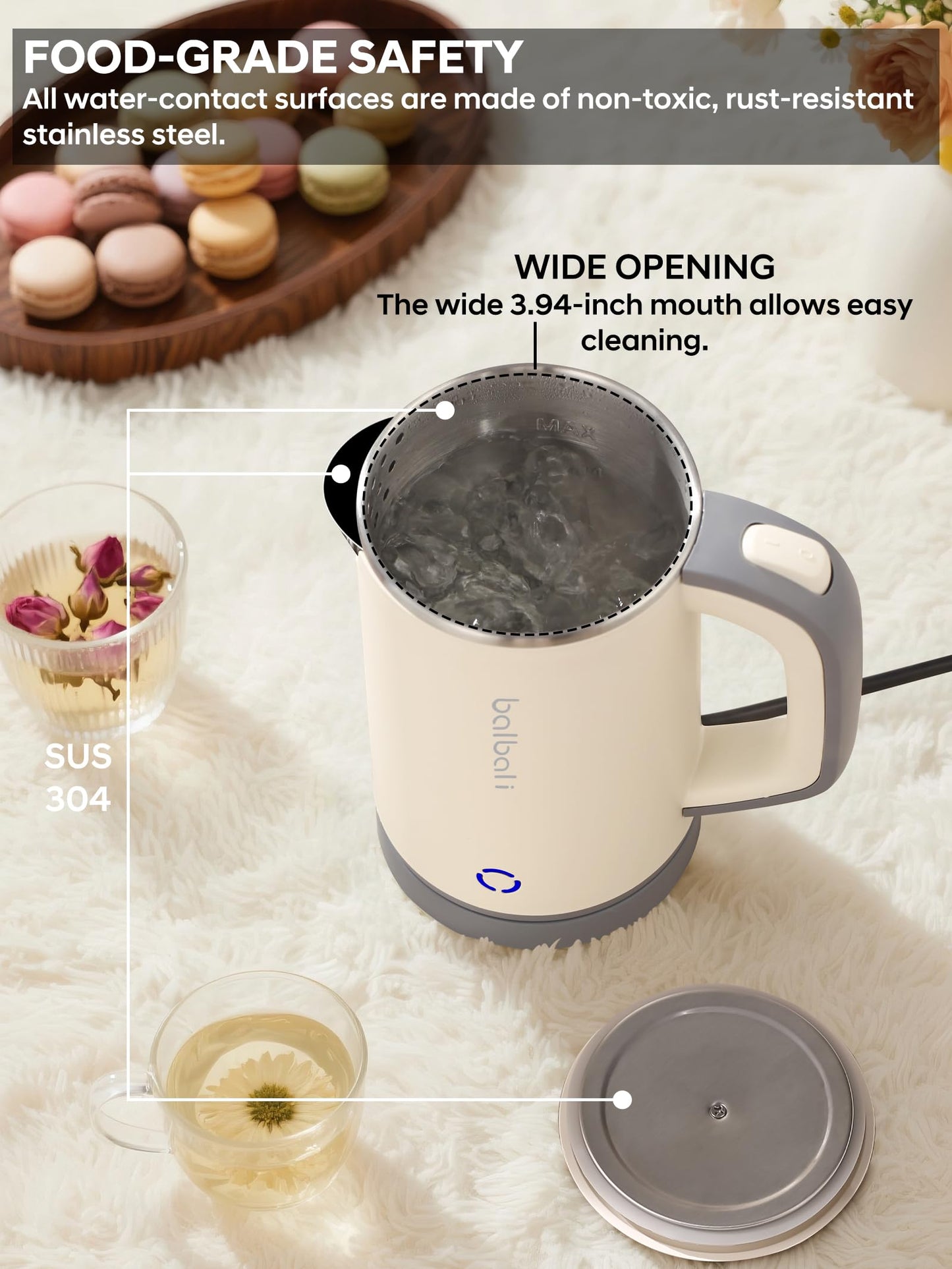 Portable Electric Kettle, 27oz Mini Travel Kettle for Camping & Office, 600W Fast Boiling, Compact Personal Small Kettle with Auto Shut-Off, Stainless Steel Interior, Beige
