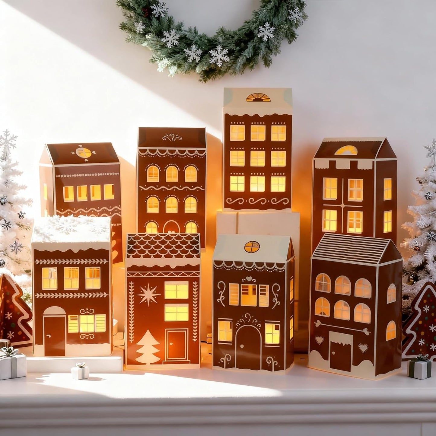 Reallnaive 20 Pcs Large 8" Christmas Cardboard Village Houses Set - DIY Gingerbread Decor with LED Candle