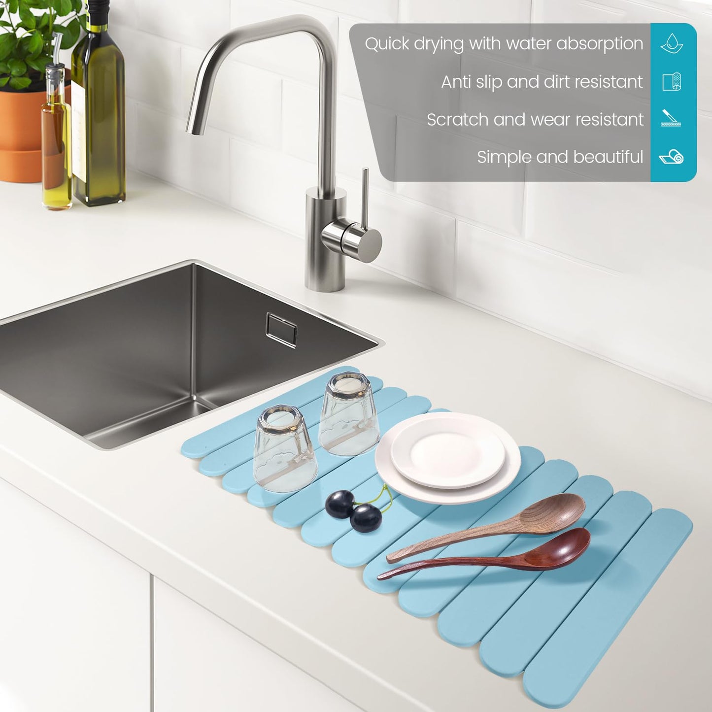 Extral Large Quick Dry Stone Drying Mat for Kitchen Counter,24"(L)x16"(W) Collapsible Eco-Friendly Absorbent Diatomaceous Earth Mat for Dishes Cups,Dish Drying Mats for Any Countertop ﻿