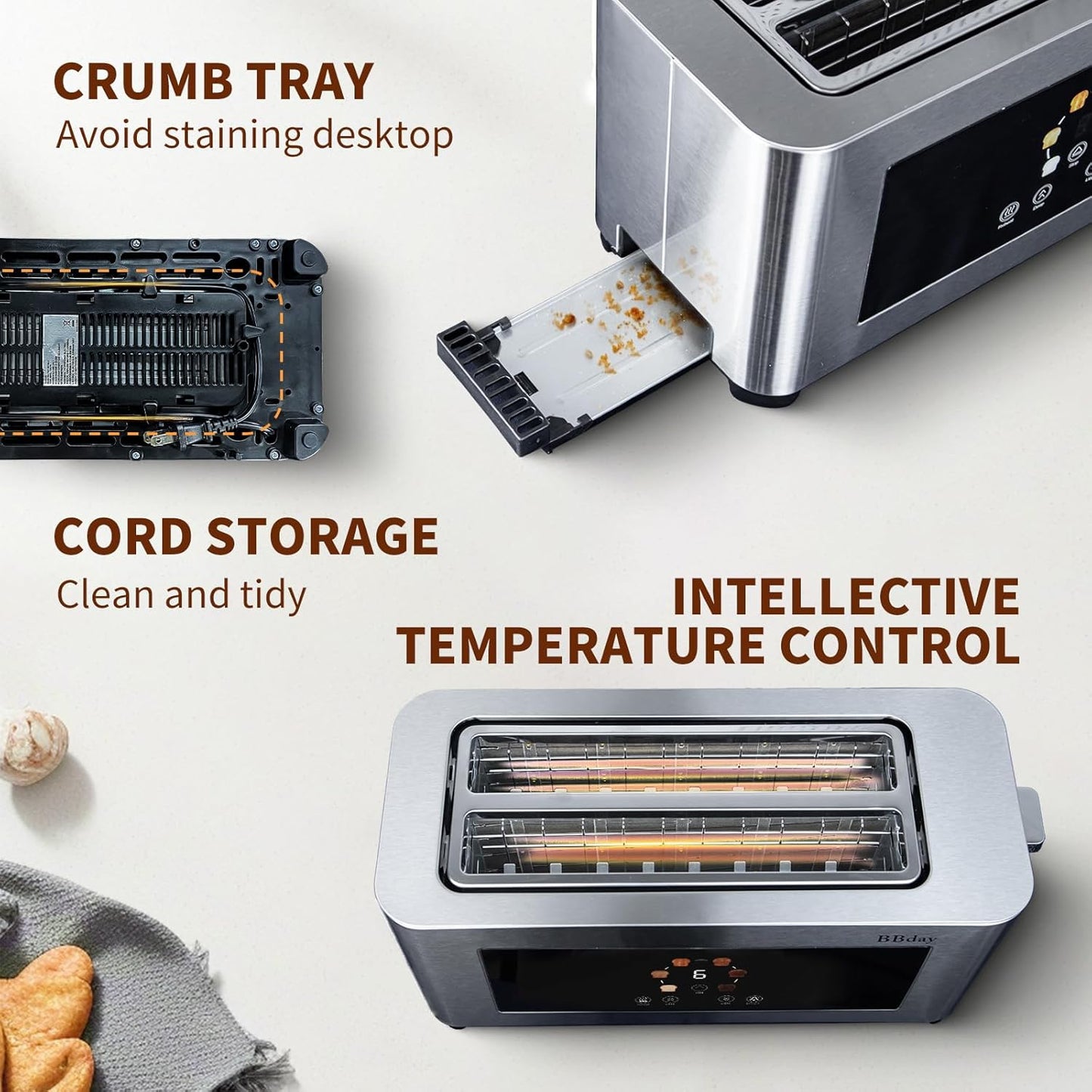 Smart Toaster by Touch Screen - 4 Slice LCD Display, 1.6" Long Slot, 6 Shade Settings, Defrost & Reheat