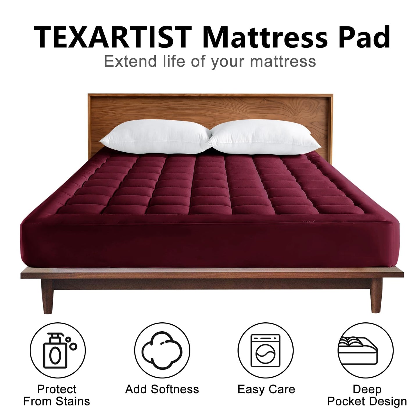 Full Mattress Pad Quilted Fitted Mattress Cover Pillow Top Mattress Topper Breathable Mattress Protector with 8-21 Inch Deep Pocket,Burgandy