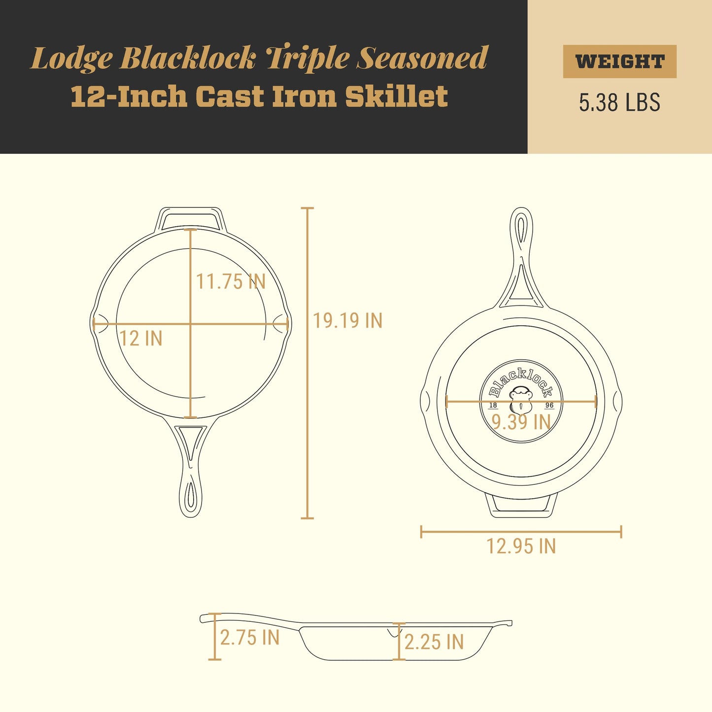 Lodge Blacklock 12" Triple Seasoned Cast Iron Skillet - Lightweight - Easy Cleanup - Premium Cookware