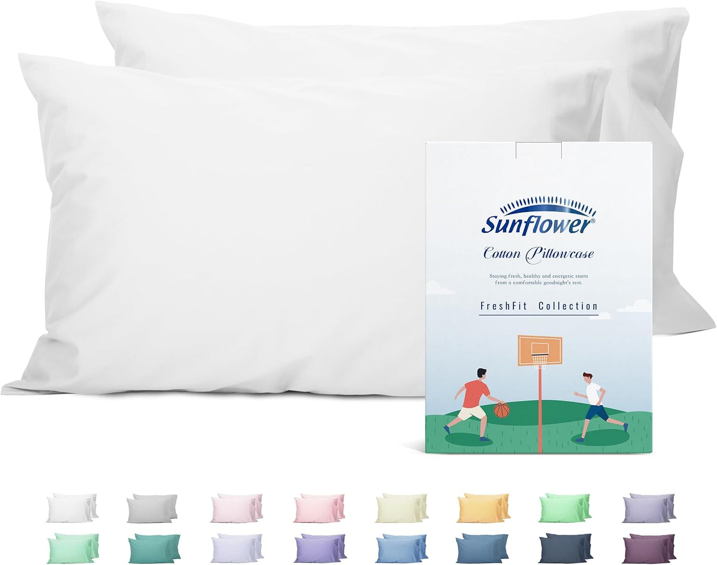 Sunflower King Pillowcases - Set of 2 Soft 100% Cotton King Pillow Cases | Bright White 20x40 Inches
