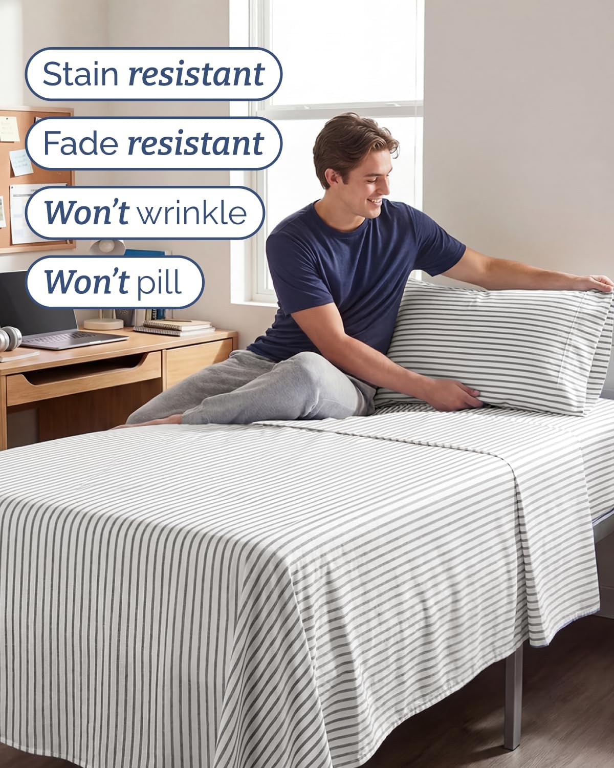 Skiennix Twin XL Sheet Set - Comfy Cooling 3-Piece Bedding - Deep Pocket, Wrinkle-Free, Grey Stripes
