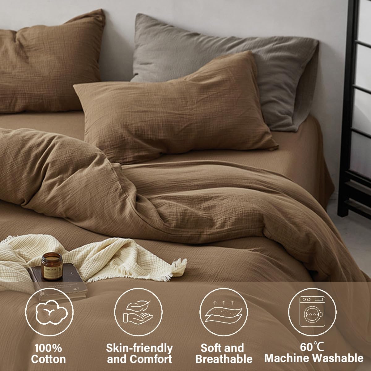 Erwinmu Muslin Duvet Cover Set 100% Cotton Queen Size,Double-Layer Linen Like Gauze Comforter Cover Brown 3 Pieces,Okeo-tex 100 Certified Duvet Cover 90"x90" with 2 Pillowcases for All Season