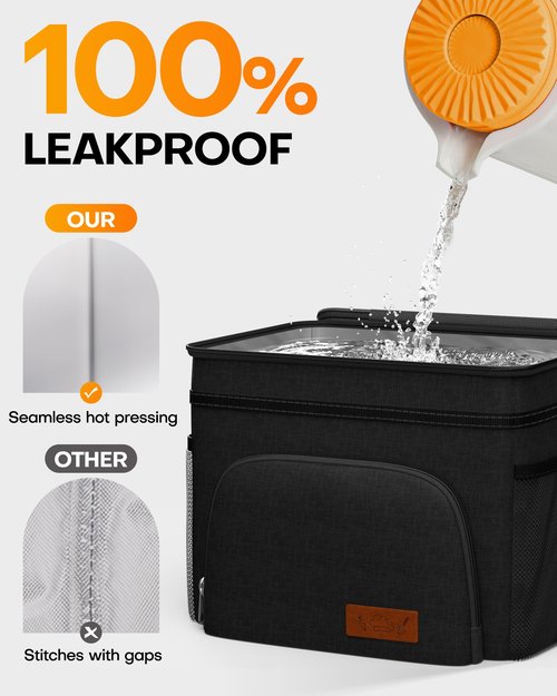 HOTOR Insulated Lunch Box for Men & Women - Leak-Proof Cooler Lunch Bag with 4 Pockets, Adjustable Strap, Ideal for Work, Picnic, Travel - Large, Black, 13.0"×7.9"×9.1"