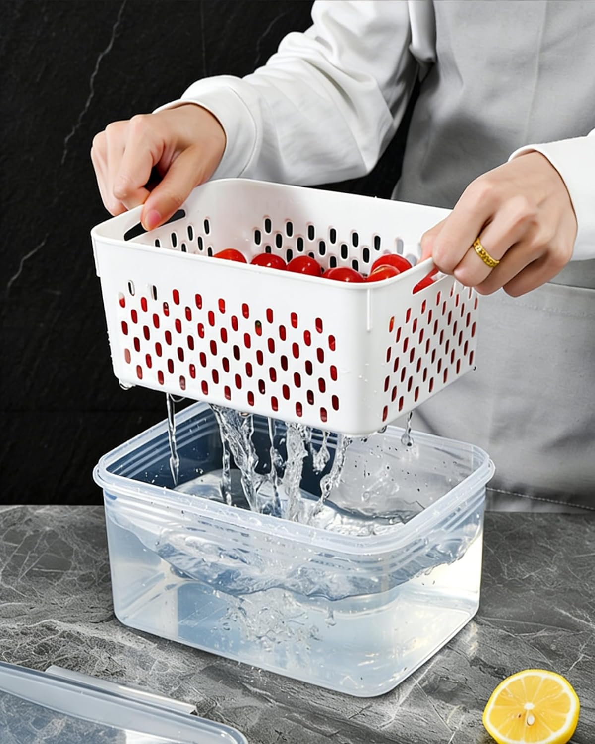 Skiennix Fruit Storage Containers - Transparent Plastic Box with Removable Colander | Keeps Berries Fresh (Large)