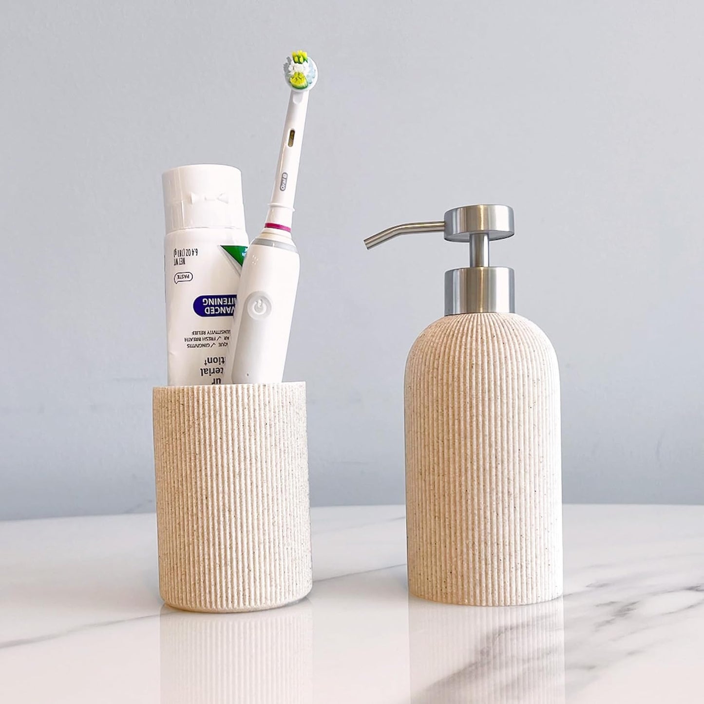 Skiennix Toothbrush Holder - Modern Boho Farmhouse Style, Small Sand Beige, Multi-Purpose Organizer