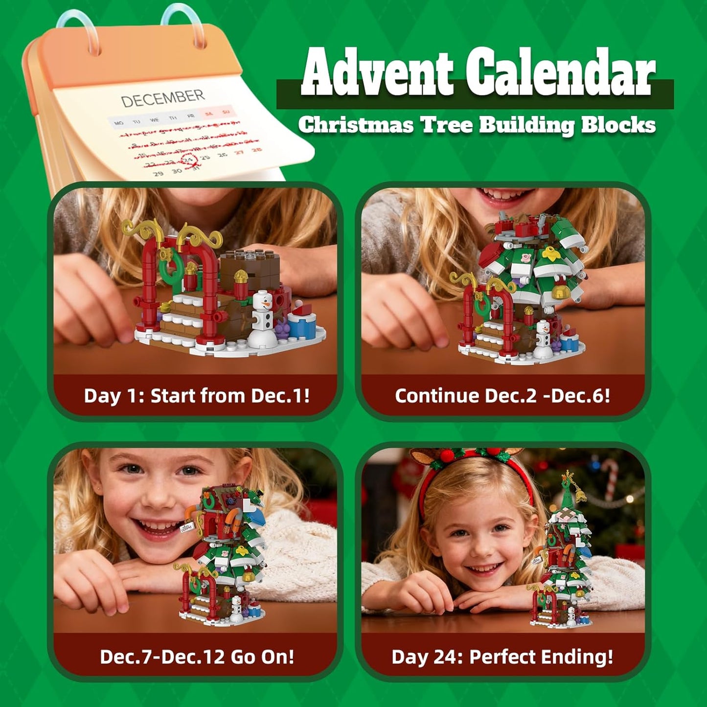 Advent Calendar 2025 - Christmas Tree House Building Set with LED Lights & Reindeer | 24-Day Countdown Kit