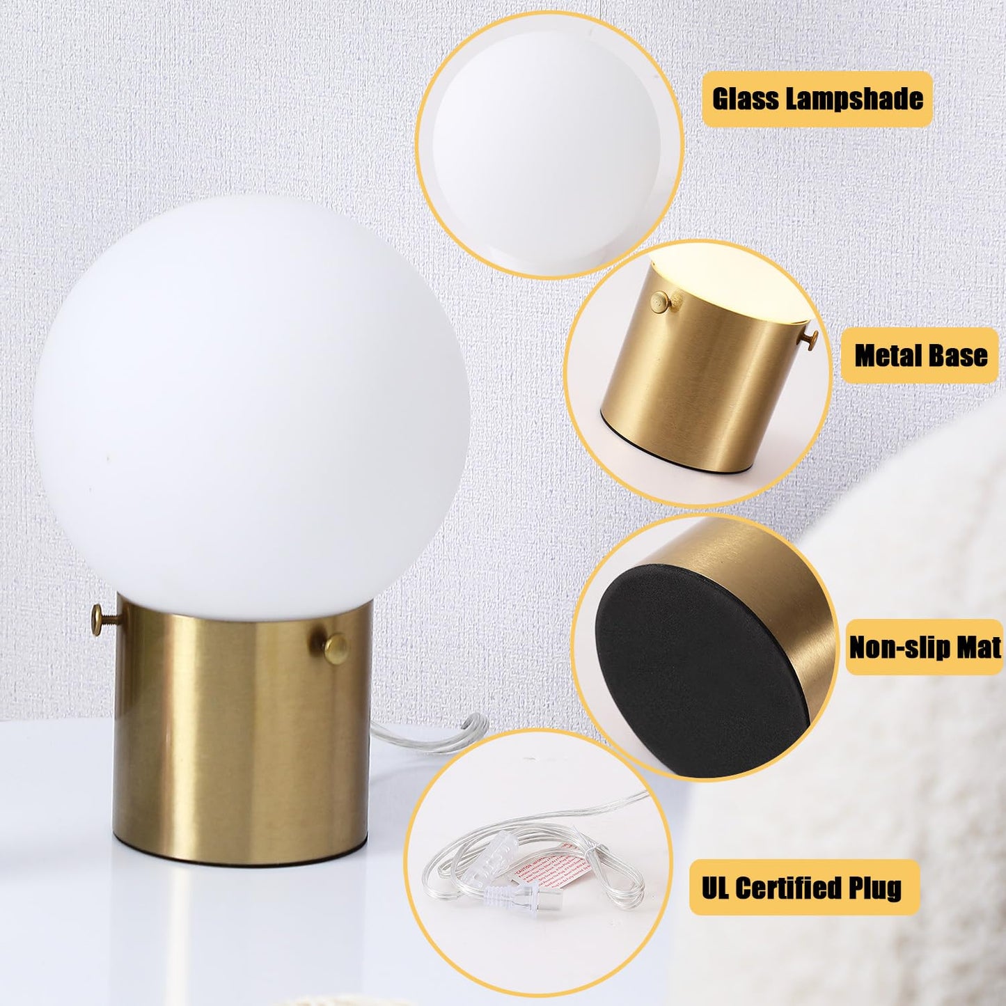 Somniferous Gold Table Lamps Set of 2, Small Bedside Lamps with Frosted Glass Globe Shade, Mid Century Modern Lamp, Nightstand Lamps for Bedroom Living Room Dorm, E26 Bulb (Not Included)