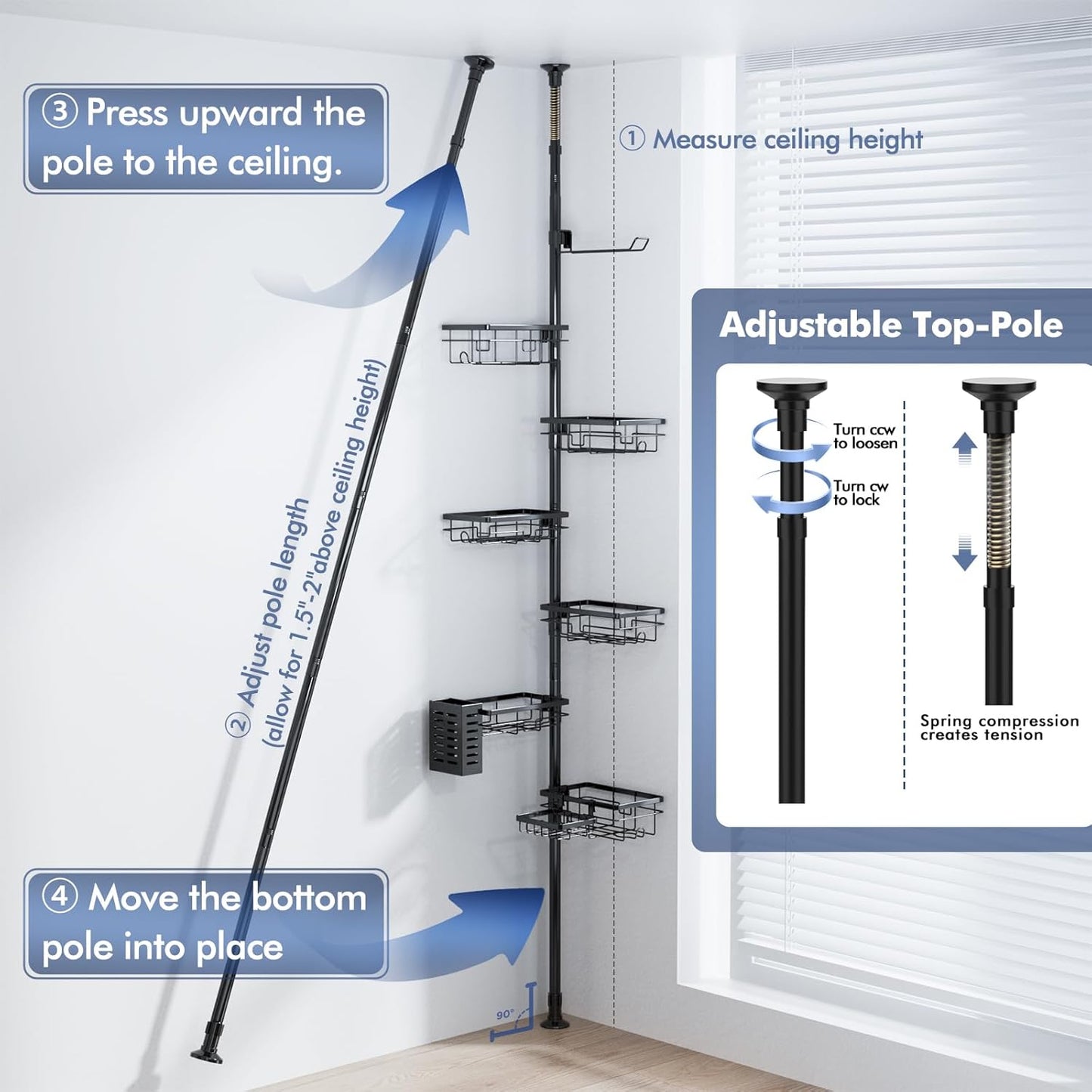 Shower Caddy Organizer - Rustproof Tension Pole with Adjustable 30-120 Inch Rack & Extra Towel Bar | Black