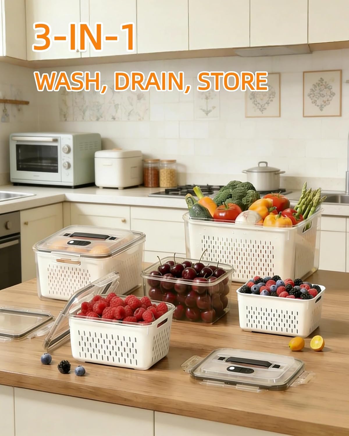 SnowSky 4PCS 2-in-1 Fruit & Veggie Fresh Box - Airtight Leak-Proof Storage with Detachable Colander & Divider