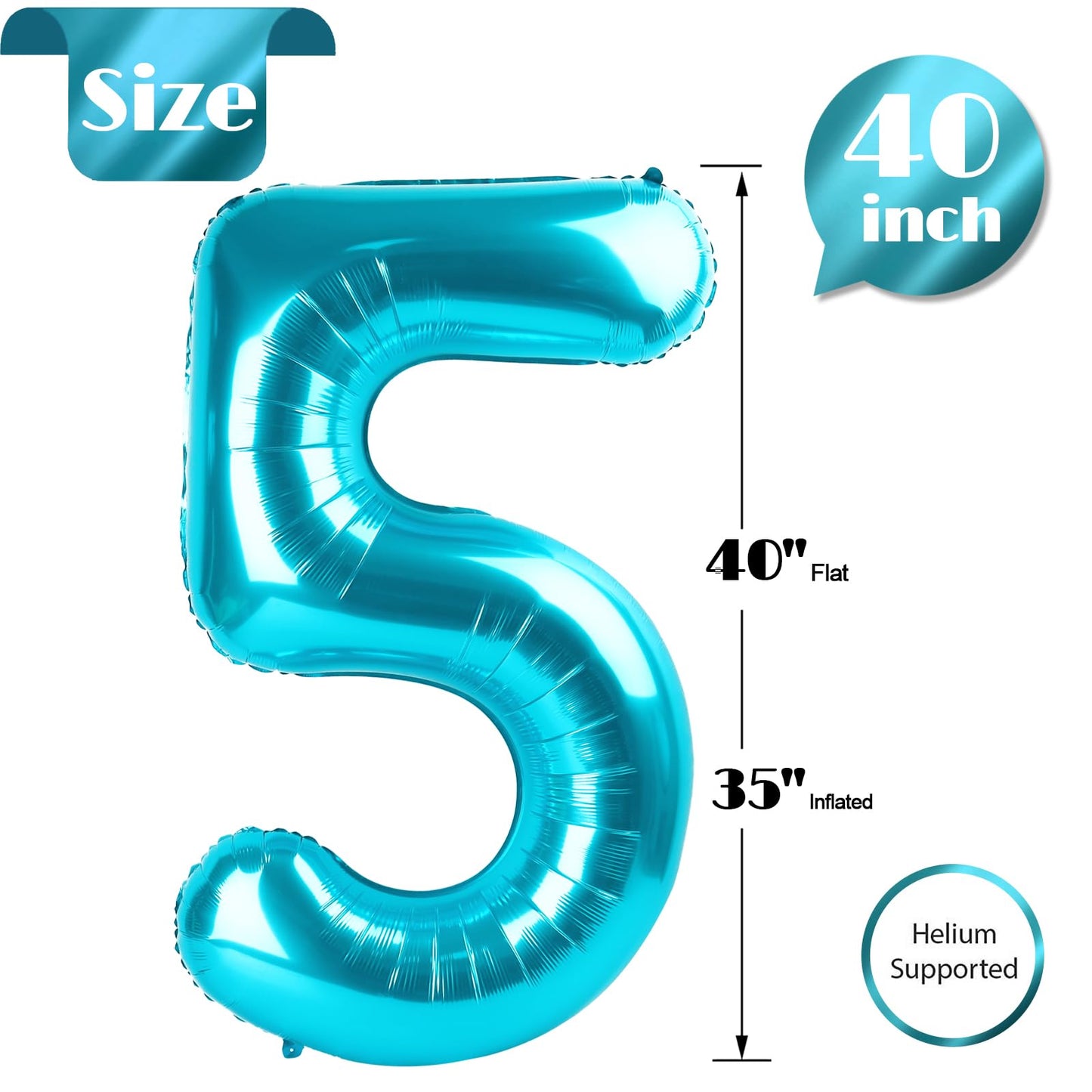 Light Blue Number 5 Balloon 40 Inch, 5th Birthday Party Decorations for Children, Giant 5 Foil Balloon for Party Supplies