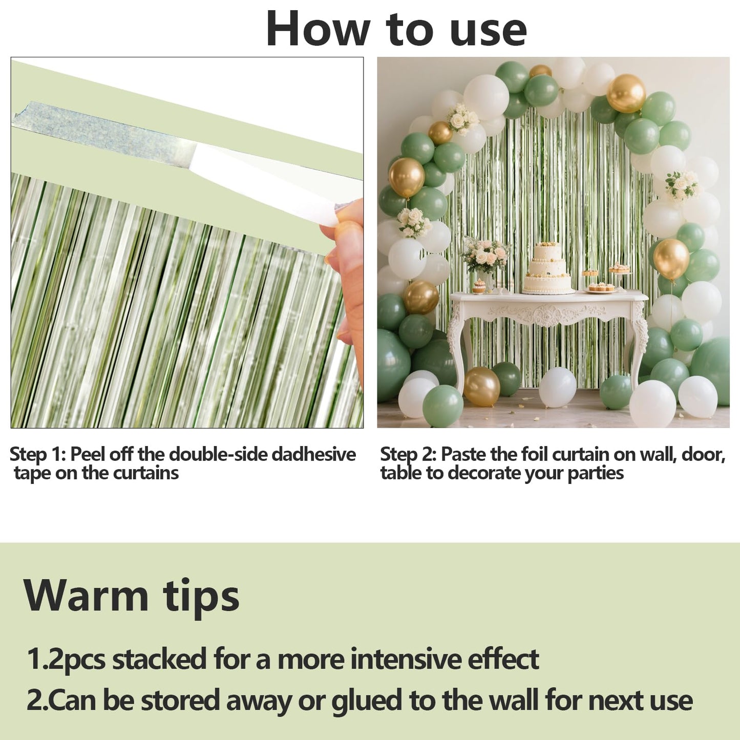 4 Packs Sage Green Foil Fringe Curtain, Light Green Glitter Metallic Tinsel Backdrop for Boho Birthday Wedding Bridal Baby Shower Engagement Martini Party Decorations Supplies
