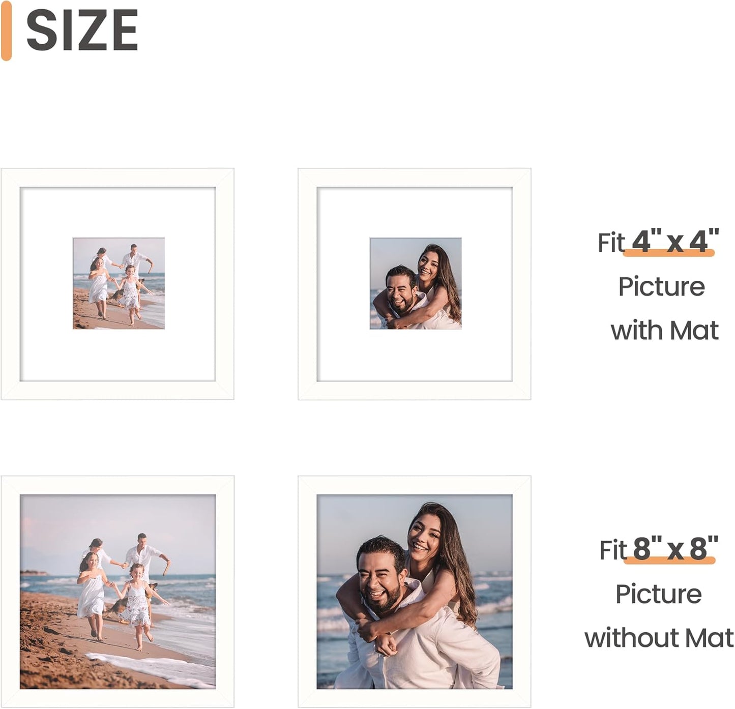 Upsimples 8x8 Picture Frame - Versatile Display for 4x4 or 8x8 Photos | White Wall Hanging Frame, 1 Pack