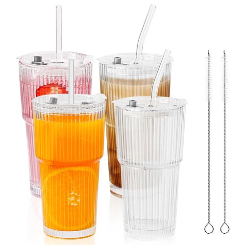 4 Pack 20 Oz Glass Cups with Lids and Straws Iced Coffee Cups Vintage Ribbed Glassware for Beer Ice Coffee Fruit Juice Elegant Aesthetic Cup Glass Iced Coffee Tumbler Include 2 Cleaning Brushes