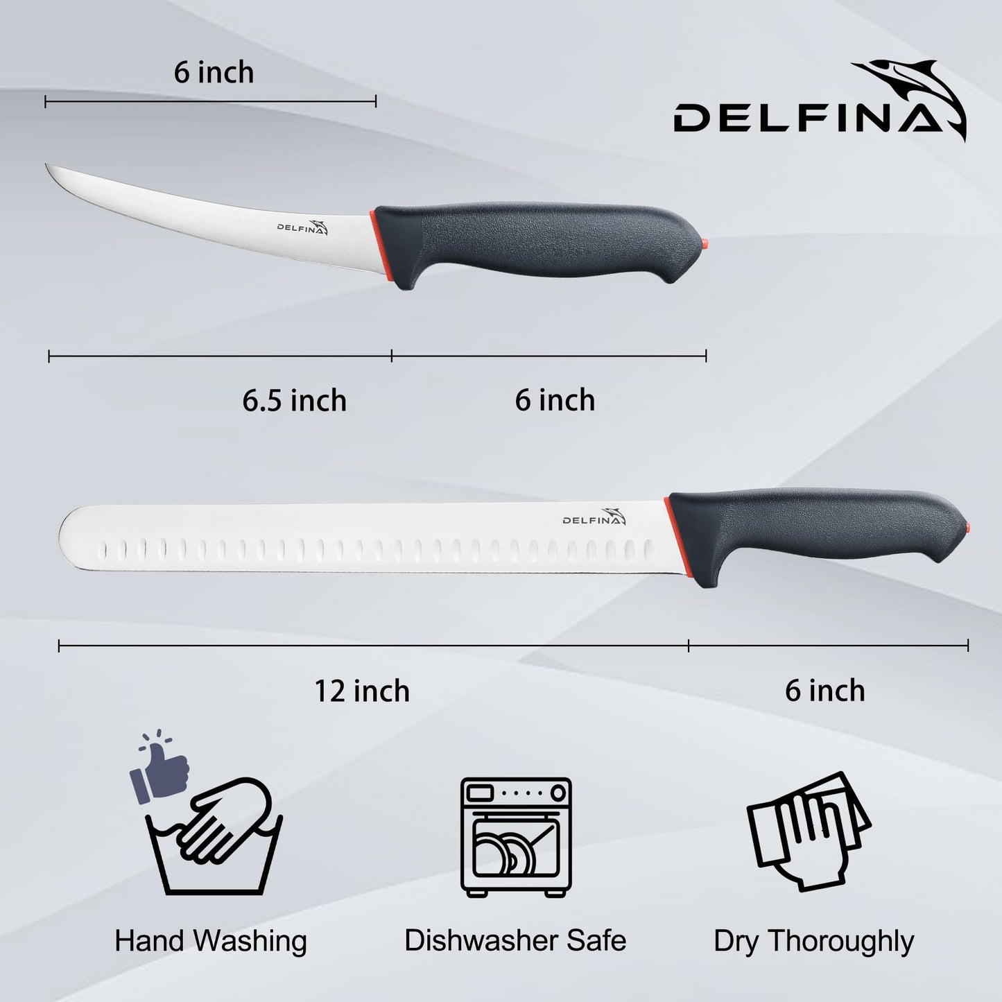 DELFINA Professional 2 Piece BBQ & Butcher Knife Set, Japanese Style Premium Stainless Steel Chef Knife Set W/SoftGrip Handle, Multi-Purpose Slicing & Boning Knife Set for Kitchen Home Restaurant