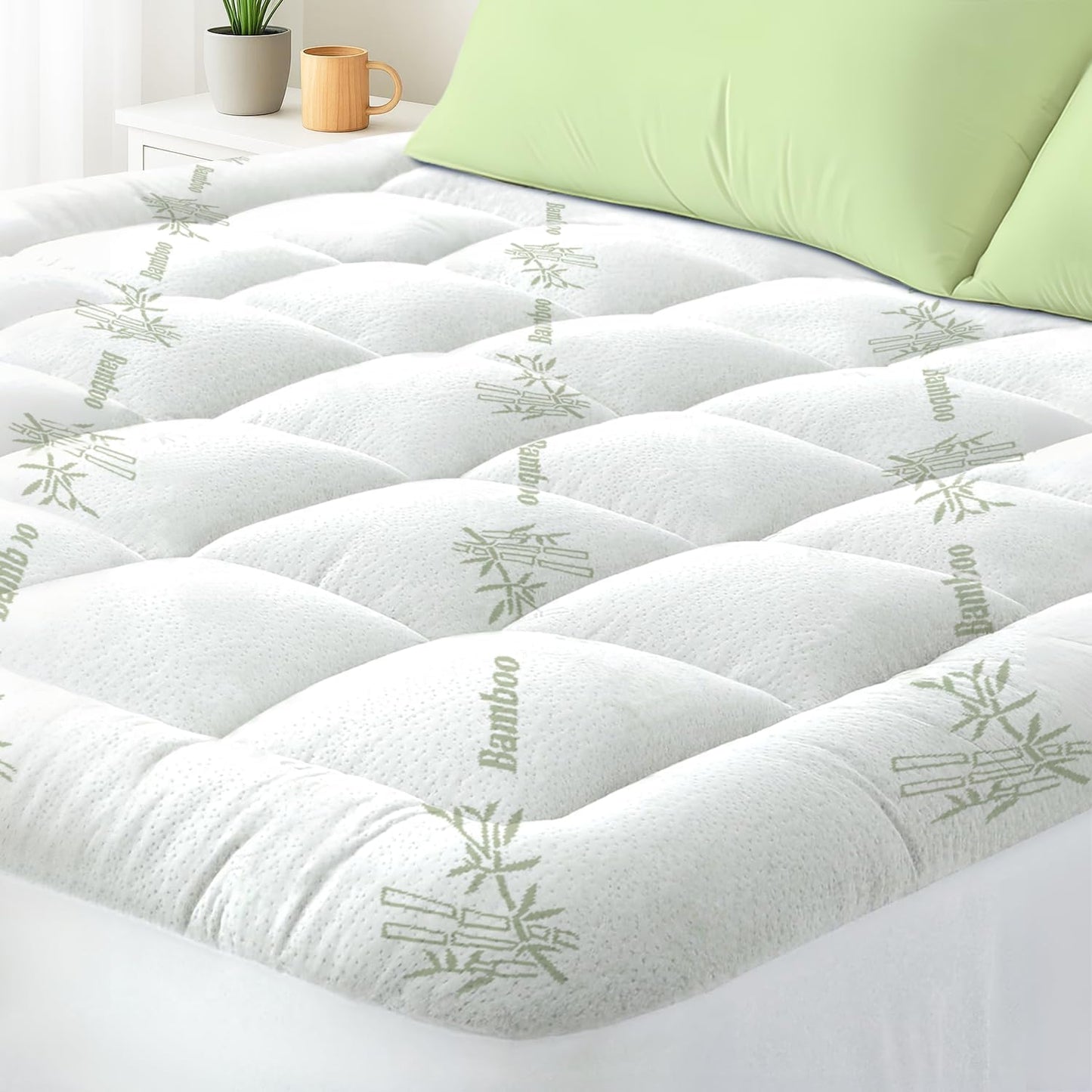 Skiennix Queen Mattress Topper - Cooling Bamboo Viscose Pillow Top Pad for Deep Pocket Mattresses, Green