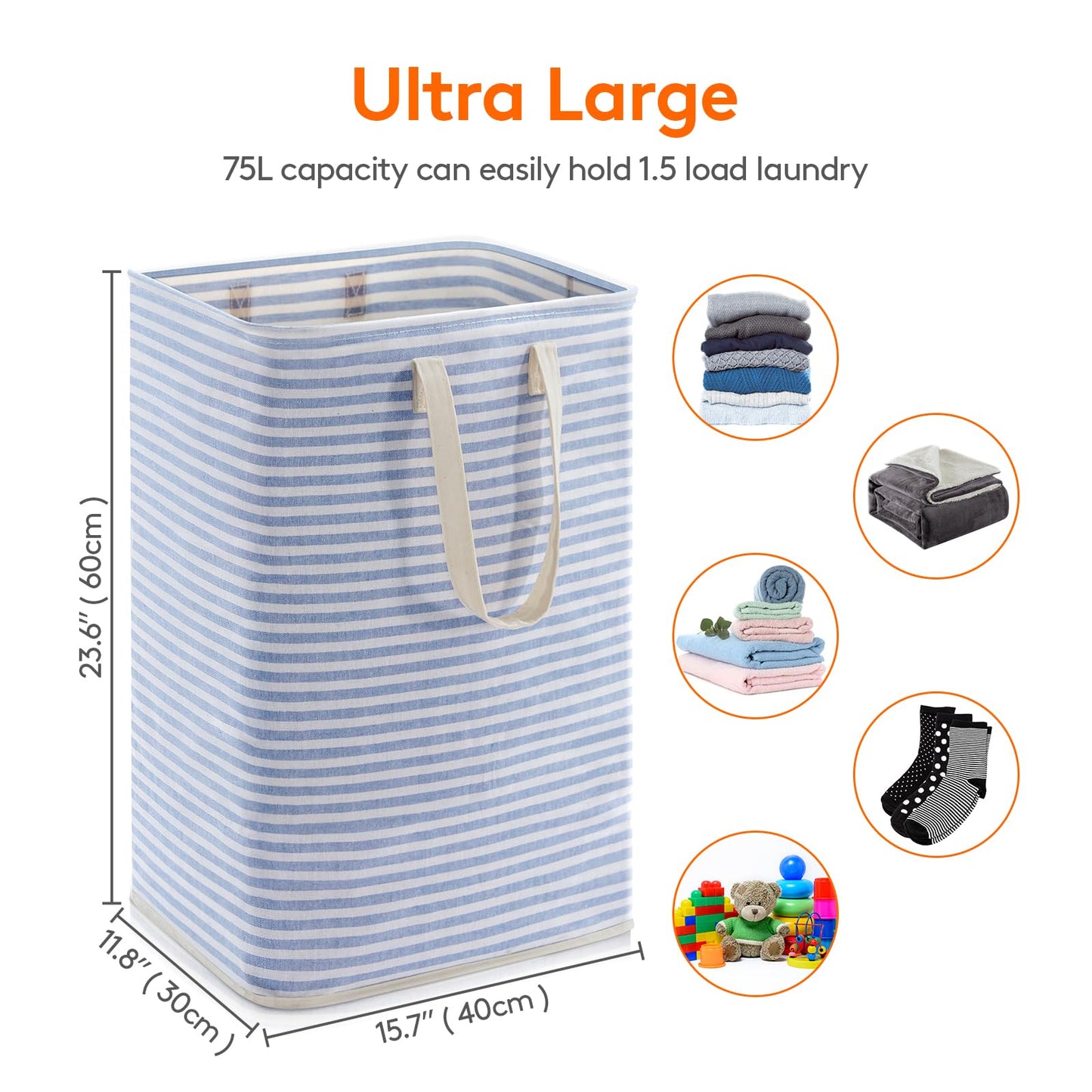 Lifewit 3 Pack Laundry Basket 80L Each, Collapsible Clothes Hamper with Reinforced Handles, Freestanding Waterproof Design for Bedroom and Laundry Room, Blue 240L Total