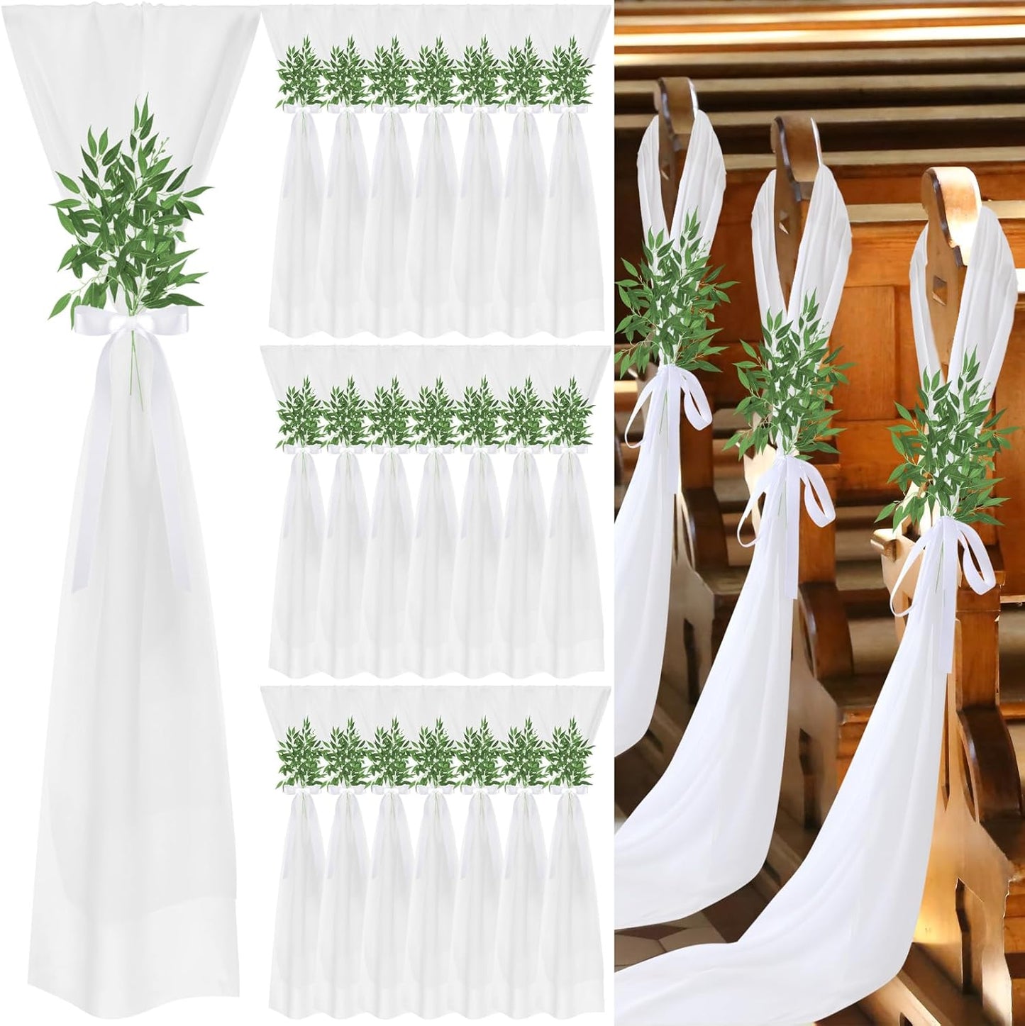 VitalCozy Wedding Aisle Chair Decorations - 12 Sets White Sashes with Artificial Ruscus & Chiffon for Ceremonies